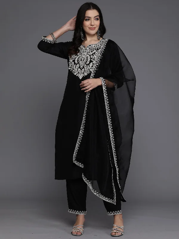 Women Black Embroidered Straight Kurta Trousers With Dupatta Set Trousers Vintage Classic Women Black Embroidered Straight Kurta Trousers With Dupatta Set Trousers Vintage Classic