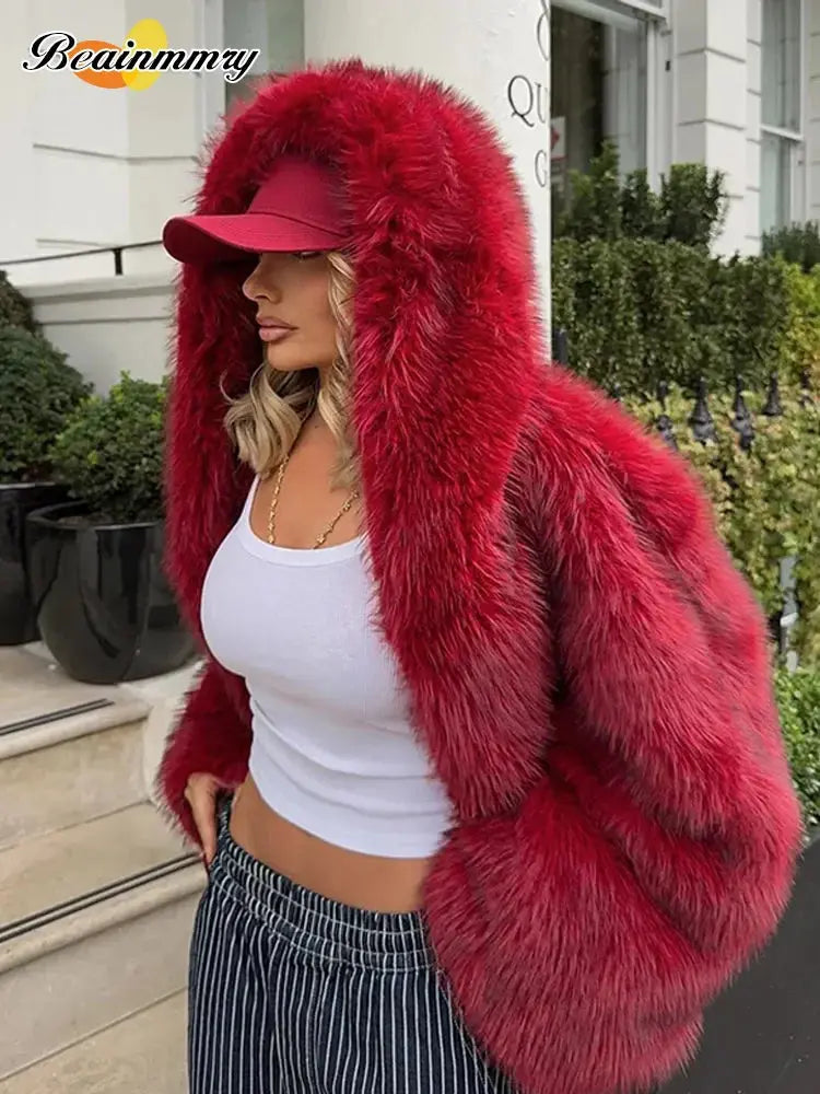 FZ Women's Turn-down Collar Red Hooded Fluffy Faux Fur High Street Jacket Embroidered Jacket Appliqued Jacket Beaded Jacket FZ Women's Turn-down Collar Red Hooded Fluffy Faux Fur High Street Jacket Embroidered Jacket Appliqued Jacket Beaded Jacket