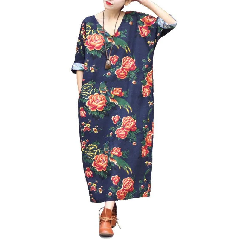 Women Dress Summer Linen V-neck Vintage Print Long-sleeve Loose-waist Hem Split Long Maxi Vintage Dress 0144 Women Dress Summer Linen V-neck Vintage Print Long-sleeve Loose-waist Hem Split Long Maxi Vintage Dress 0144