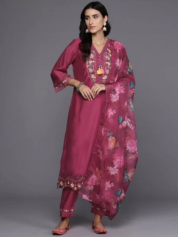Women Pink Embroidered A-Line Kurta Trousers With Dupatta Set Trousers Palazzo Wide Leg Women Pink Embroidered A-Line Kurta Trousers With Dupatta Set Trousers Palazzo Wide Leg