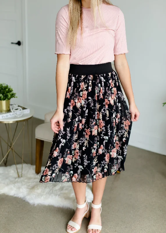 Black Floral Pleated Midi Skirt silk skirt lustrous