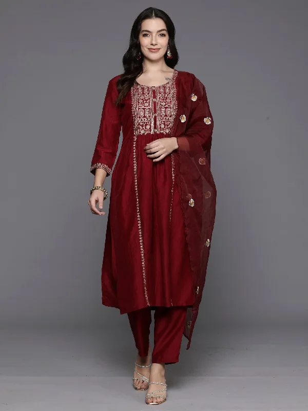 Women Maroon Embroidered Straight Kurta Trousers With Dupatta Set Trousers luxurious premium Women Maroon Embroidered Straight Kurta Trousers With Dupatta Set Trousers luxurious premium