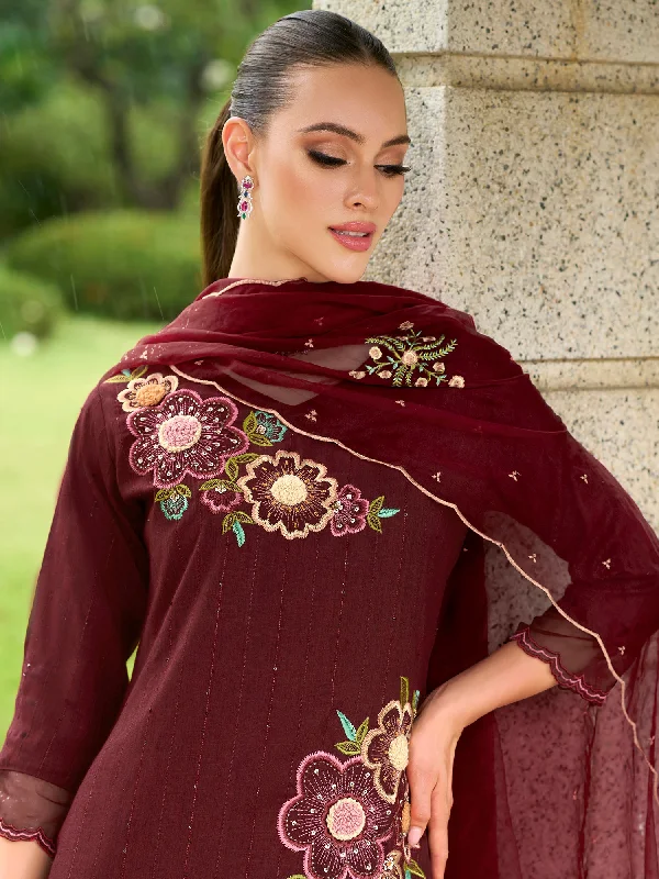 Women Maroon Embroidered Straight Kurta Trousers With Dupatta Set Trousers stylish elegant Women Maroon Embroidered Straight Kurta Trousers With Dupatta Set Trousers stylish elegant
