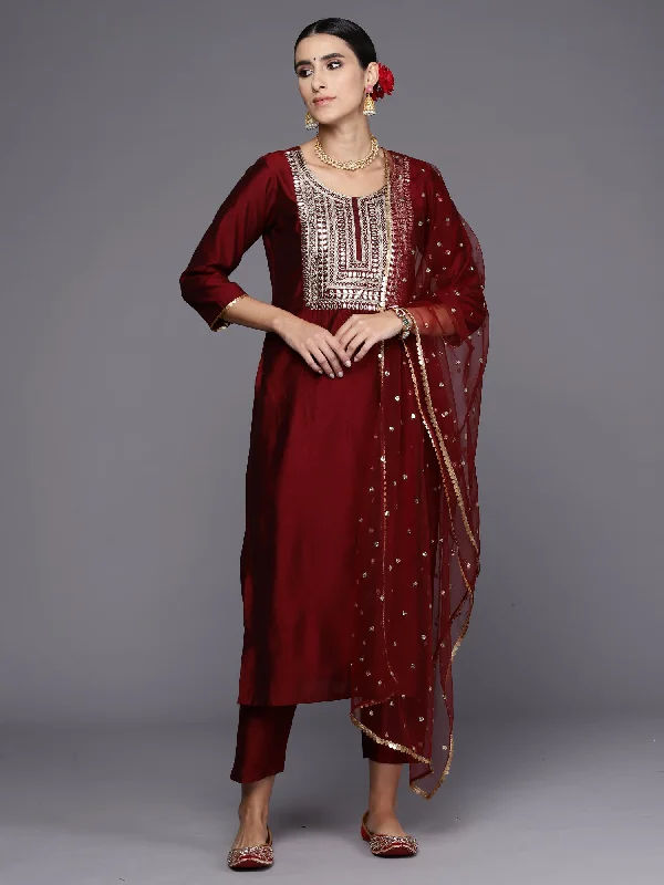 Women Maroon Embroidered Straight Kurta Trousers With Dupatta Set Trousers Bestseller Popular Women Maroon Embroidered Straight Kurta Trousers With Dupatta Set Trousers Bestseller Popular