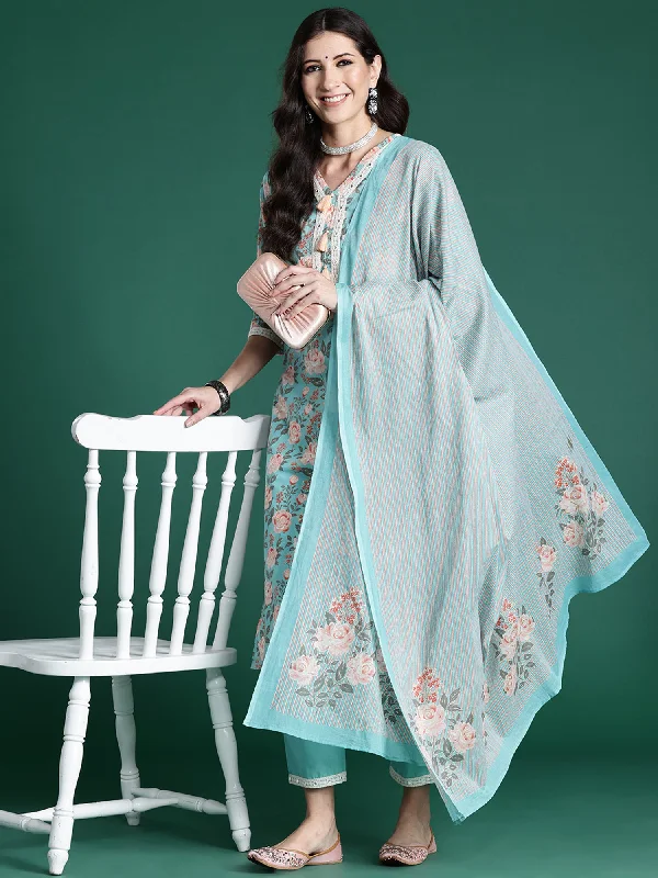 Women Blue Printed Straight Kurta Trousers With Dupatta Set Trousers Silk Elegant