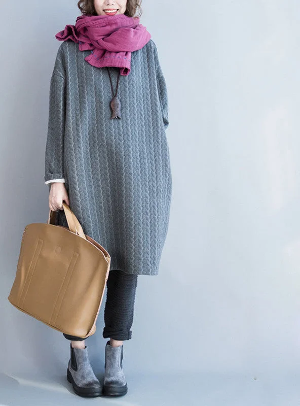 Autumn Plus Size Women Dress Cotton Full Sleeve Long Grey Casual Tops&Tees Striped Print Solid Fashion Midi Female Dresses