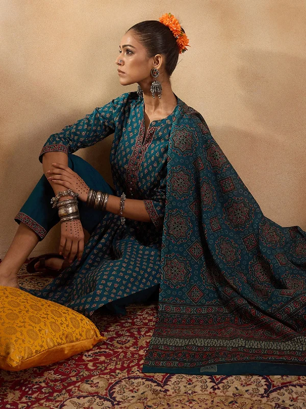 Women Teal Printed Straight Kurta Trousers With Dupatta Set Trousers fashionable trendy Women Teal Printed Straight Kurta Trousers With Dupatta Set Trousers fashionable trendy
