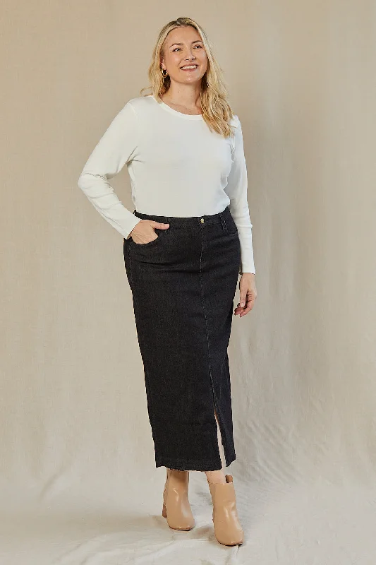 Adrift Denim Long Split Skirt in Black cotton skirt soft