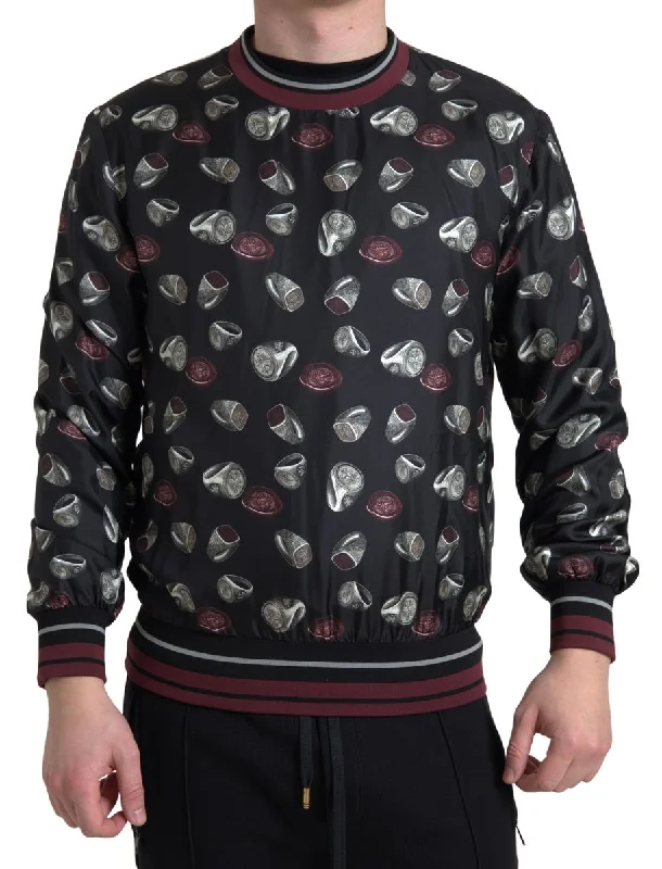 Elegant Silk Crewneck Pullover - Black Multicolor One Shoulder Top