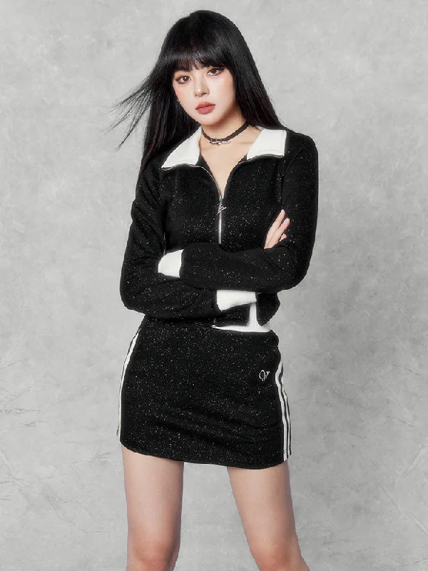 Black Glitter Sweatshirt/Cropped A-Line Skirt VOC0174 Hoodie with Turtle Neck Cozy Winter Black Glitter Sweatshirt/Cropped A-Line Skirt VOC0174 Hoodie with Turtle Neck Cozy Winter