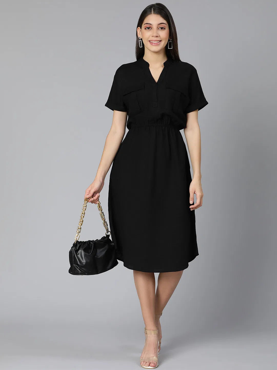 Katblack elasticated women long Linen Blend dress