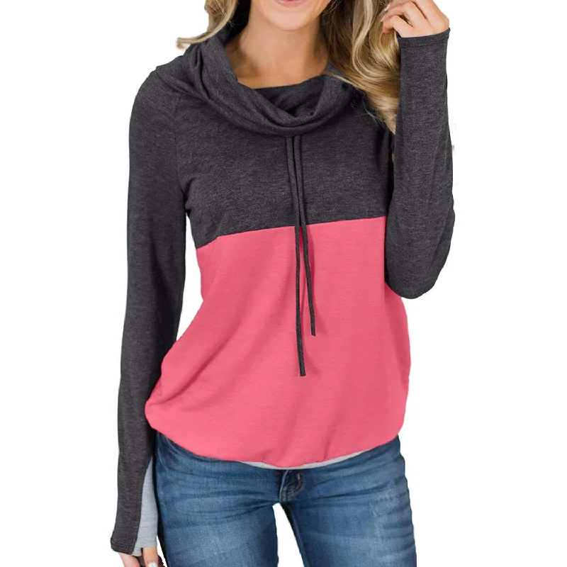 Women Cowl Neck Casual Tunic Sweatshirts Drawstring Long Sleeve Color Block Patchwork Pullover Tops V-Neck Stylish Pullover Women Cowl Neck Casual Tunic Sweatshirts Drawstring Long Sleeve Color Block Patchwork Pullover Tops V-Neck Stylish Pullover