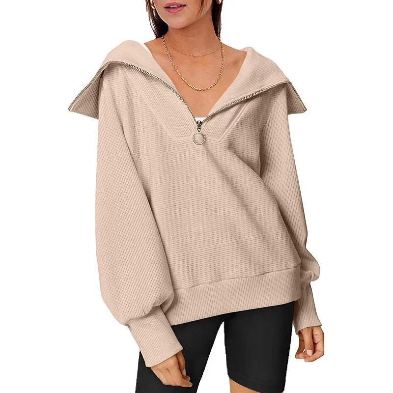 Womens Oversized Half Zip Pullover Sweatshirts Hoodie Button Front Sweater