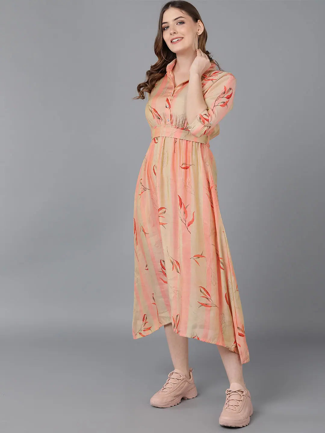 Ahika Women Peach Polyester Striped Dresses Vd1295