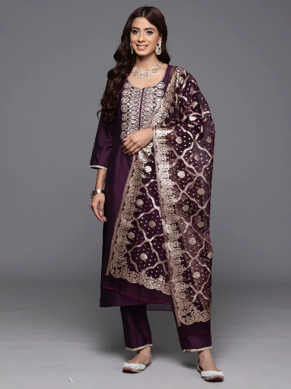 Women Purple Embroidered Straight Kurta Trousers With Dupatta Set Trousers Striped Patterned Women Purple Embroidered Straight Kurta Trousers With Dupatta Set Trousers Striped Patterned