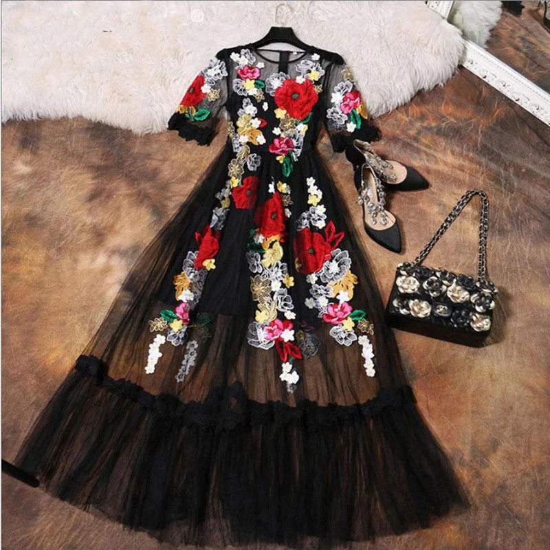 Luxury Dress 2017 Summer Fashion Elegant Flower Embroidery Appliques Black Mesh Slim Women Vintage Long Dress Luxury Dress 2017 Summer Fashion Elegant Flower Embroidery Appliques Black Mesh Slim Women Vintage Long Dress