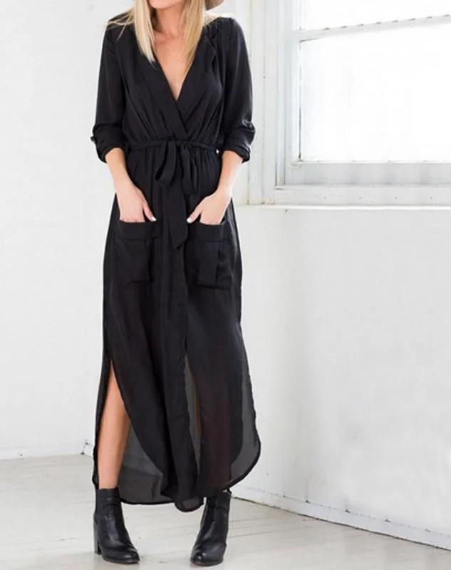 Women Vintage Casual Loose Long Maxi Split V Neck Dress Ladies Chiffon Beach Dress US Plus Size 4-24 Women Vintage Casual Loose Long Maxi Split V Neck Dress Ladies Chiffon Beach Dress US Plus Size 4-24