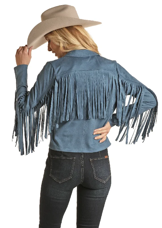 Rock & Roll Cowgirl Women's Micro Suede Jacket with Fringe Blue Tiered Jacket Buttoned Jacket Zippered Jacket Rock & Roll Cowgirl Women's Micro Suede Jacket with Fringe Blue Tiered Jacket Buttoned Jacket Zippered Jacket