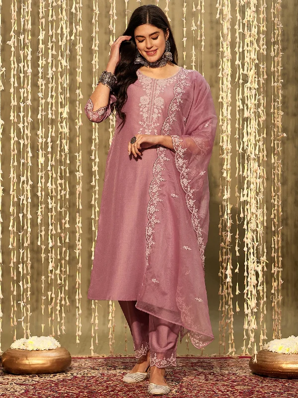 Women Mauve Embroidered Straight Kurta Trousers With Dupatta Set Trousers Trousers Formal Women Mauve Embroidered Straight Kurta Trousers With Dupatta Set Trousers Trousers Formal