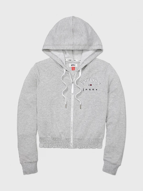 Tommy Hilfiger Smocked-Waist Logo Zip Hoodie - Women Hoodie with Hem Detail Decorative Unique Tommy Hilfiger Smocked-Waist Logo Zip Hoodie - Women Hoodie with Hem Detail Decorative Unique