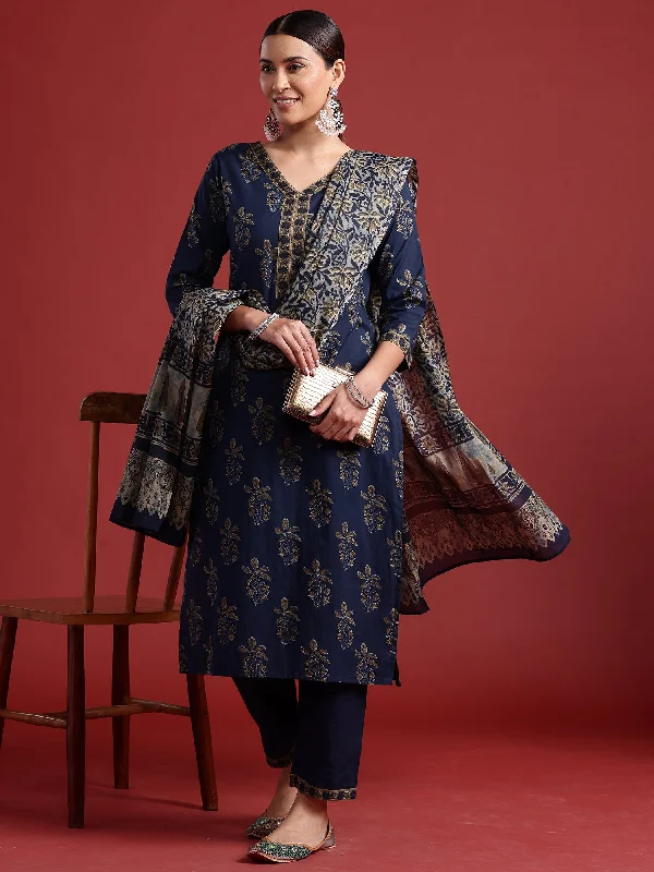 Women Blue Printed Straight Kurta Trousers With Dupatta Set Trousers sophisticated sleek Women Blue Printed Straight Kurta Trousers With Dupatta Set Trousers sophisticated sleek