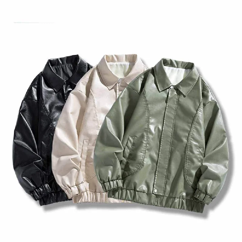 Simple Solid Color Lapel Biker Leather Jacket Coat Fleece Jacket Down Jacket Parka