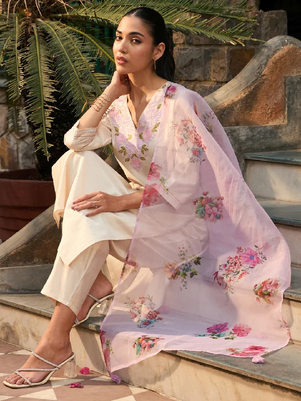 Women Off White Embroidered Straight Kurta Trousers With Dupatta Set Trousers fashionable chic Women Off White Embroidered Straight Kurta Trousers With Dupatta Set Trousers fashionable chic