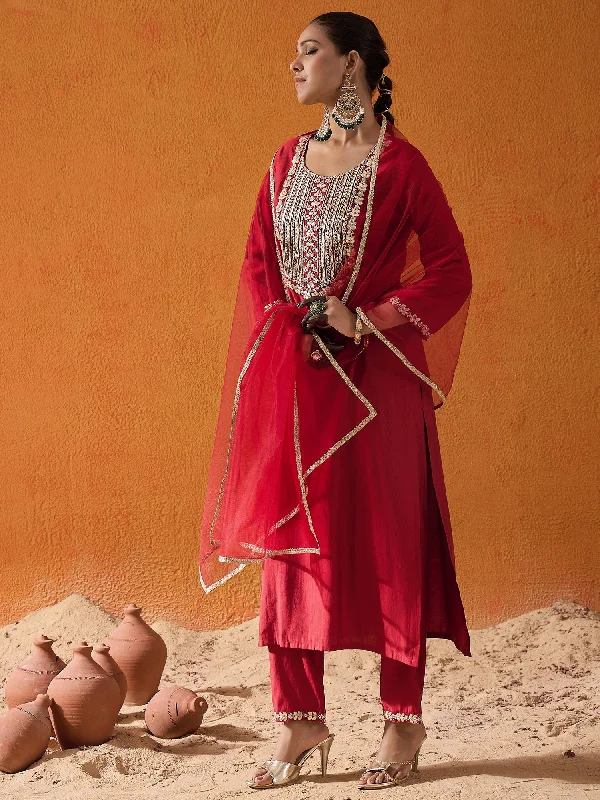 Women Red Embroidered Straight Kurta Trousers With Dupatta Set Trousers luxurious premium Women Red Embroidered Straight Kurta Trousers With Dupatta Set Trousers luxurious premium