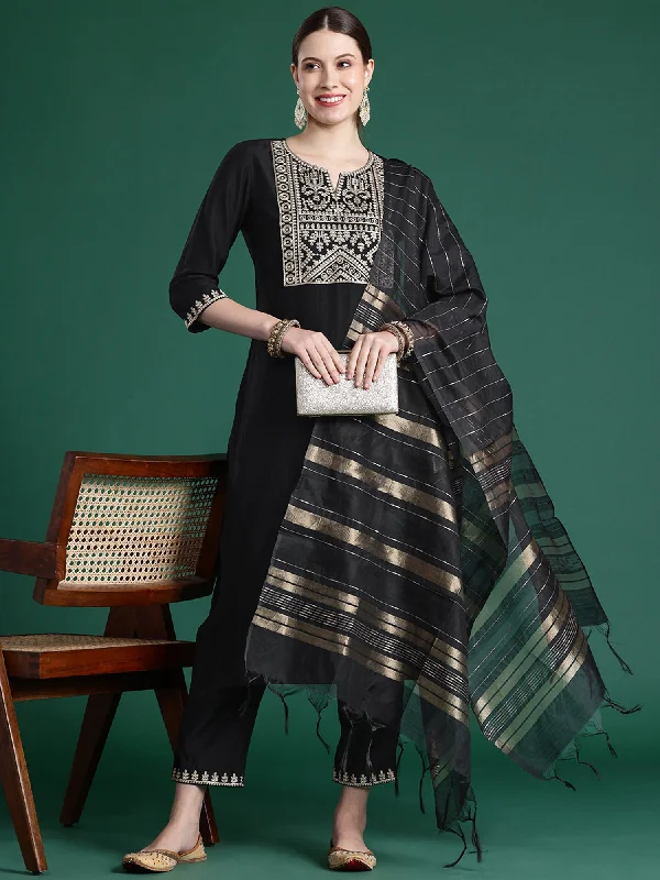 Women Black Embroidered Straight Kurta Trousers With Dupatta Set Trousers Fall Fleece Women Black Embroidered Straight Kurta Trousers With Dupatta Set Trousers Fall Fleece