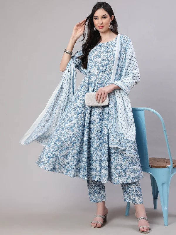 Women's Blue Floral Printed Anarkali Kurta With Trouser And Dupatta - Nayo Clothing Trousers Silk Elegant Women's Blue Floral Printed Anarkali Kurta With Trouser And Dupatta - Nayo Clothing Trousers Silk Elegant