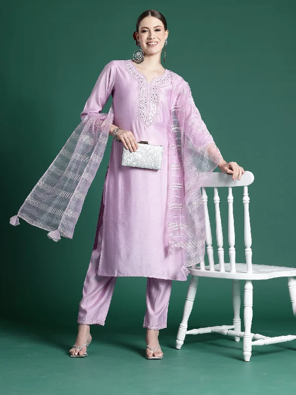 Women Lavender Embroidered Straight Kurta Trousers Set Trousers cozy comfortable