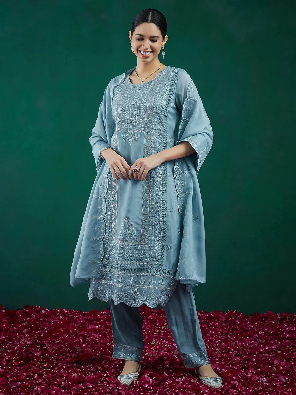 Women Blue Embroidered Straight Kurta Trousers With Dupatta Set Trousers High Rise Slim Fit Women Blue Embroidered Straight Kurta Trousers With Dupatta Set Trousers High Rise Slim Fit