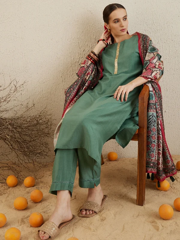 Women Sea Green Self Design Straight Kurta Trousers With Dupatta Set Trousers practical durable Women Sea Green Self Design Straight Kurta Trousers With Dupatta Set Trousers practical durable