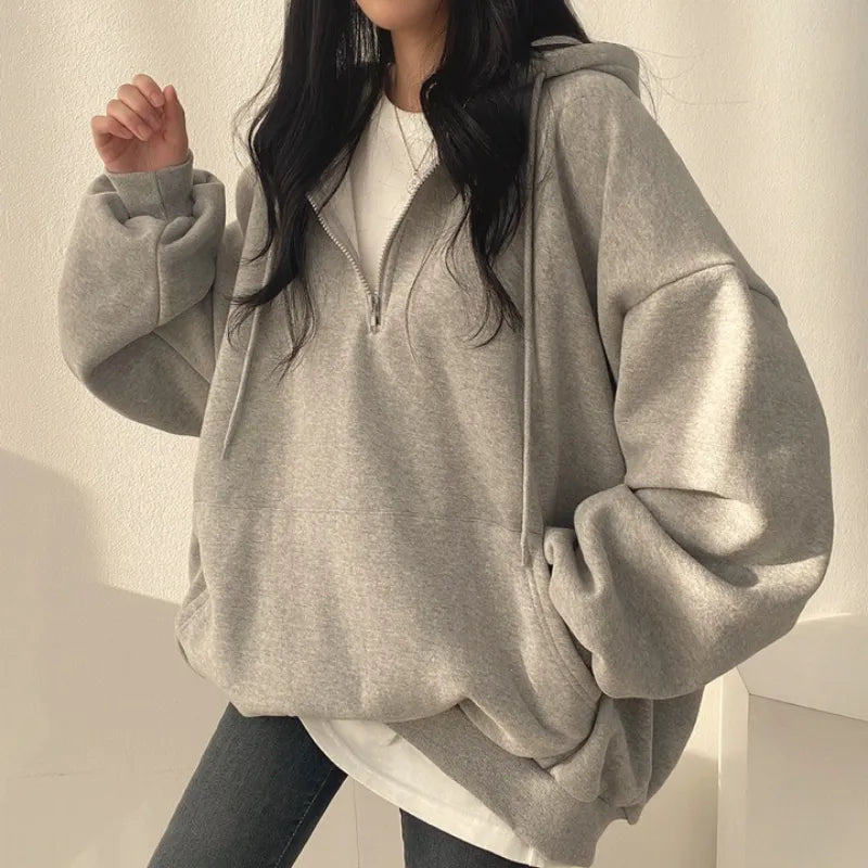 Women Hoodie Harajuku Loose Oversized Solid Color Top Half Zip Up Sweatshirt Female Casual Long Sleeve Pocket Hooded Coats 2023 Hoodie with Hem Detail Decorative Unique