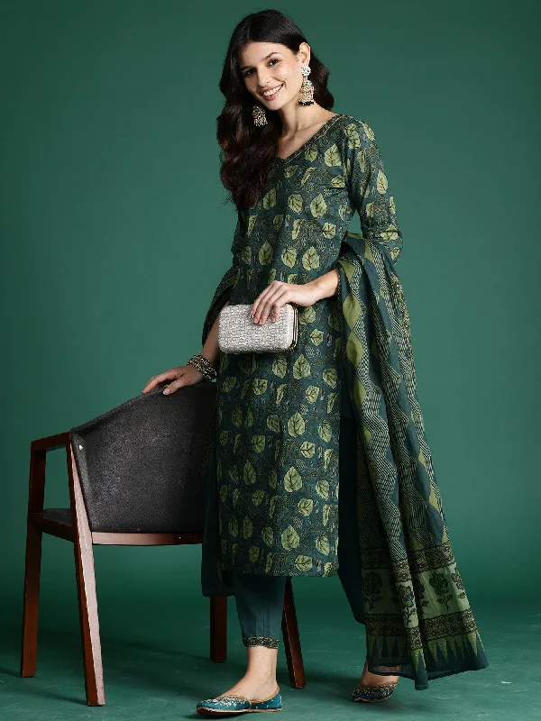 Women Green Printed Straight Kurta Trousers With Dupatta Set Trousers Trousers Formal Women Green Printed Straight Kurta Trousers With Dupatta Set Trousers Trousers Formal