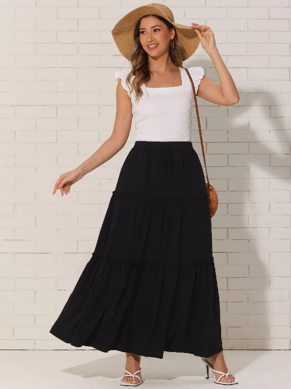 Elastic High Waist Ruched Tiered A-Line Maxi Skirts lace skirt feminine