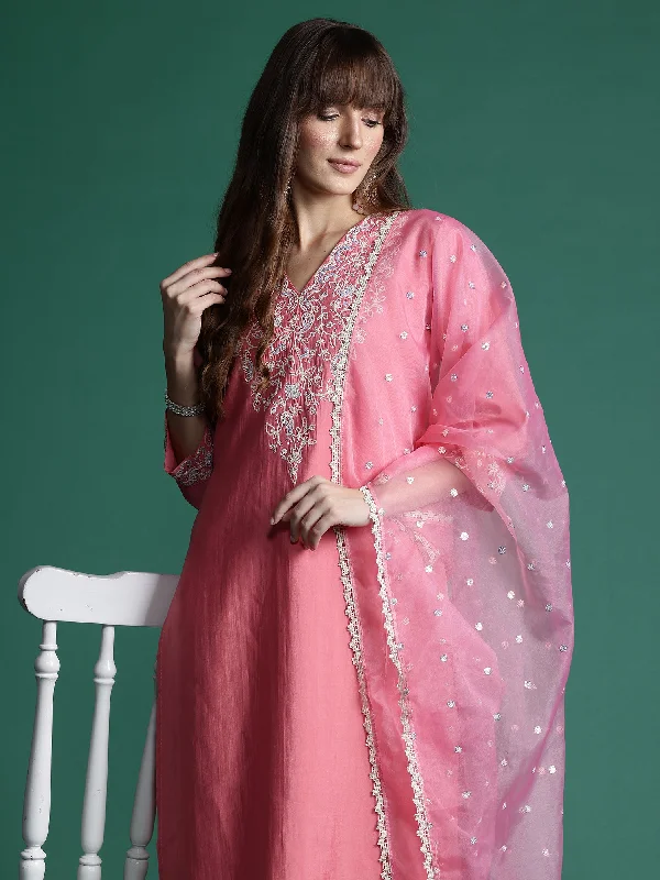 Women Pink Embroidered Straight Kurta Trousers With Dupatta Set Trousers Modern Contemporary