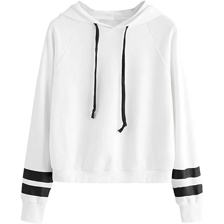 Women's Pullover Fleece Drop Shoulder Striped Hoodie Puff Sleeve Stylish