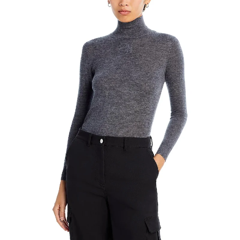 Womens Turtleneck Embossed Logo Pullover Top Short Puff Sleeve