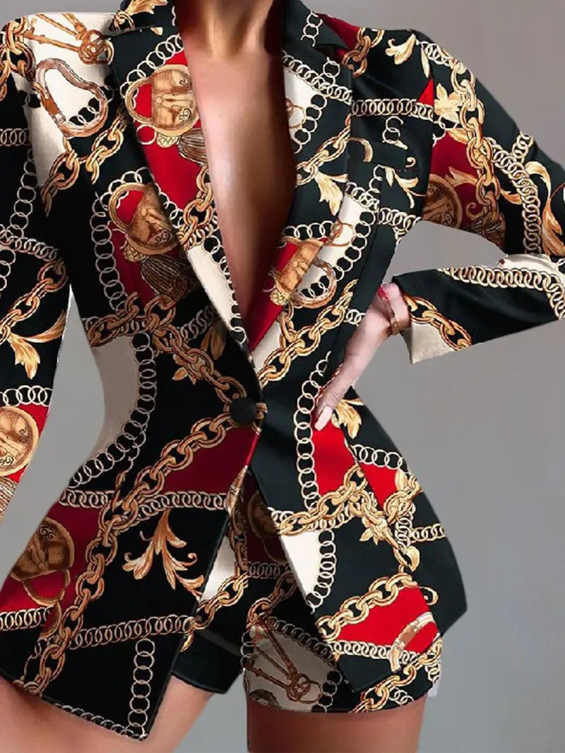 Italian Print Black Red Gold & White Jacket & Shorts Set Boat Neck Shawl Collar Notched Collar Italian Print Black Red Gold & White Jacket & Shorts Set Boat Neck Shawl Collar Notched Collar