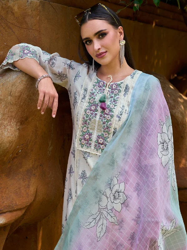 Women Off White Printed Straight Kurta Trousers With Dupatta Set Trousers Tapered Slim Fit Women Off White Printed Straight Kurta Trousers With Dupatta Set Trousers Tapered Slim Fit