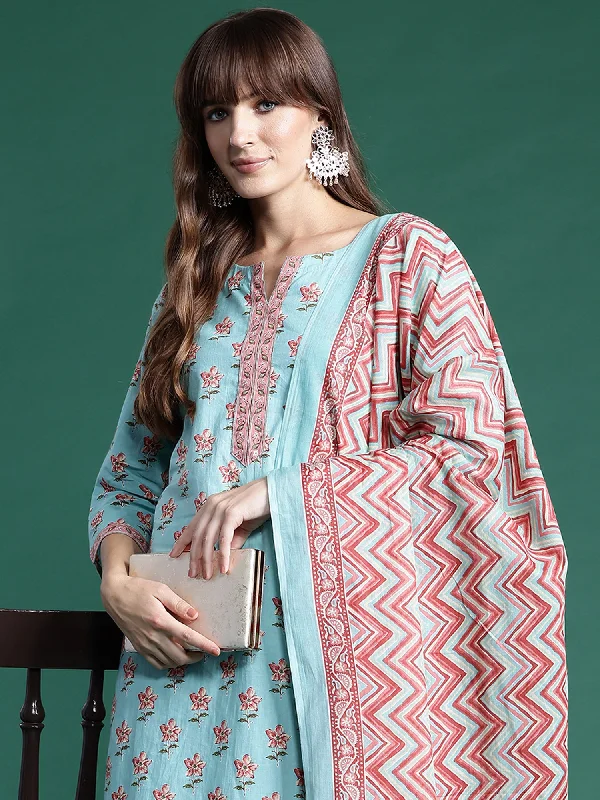 Women Blue Printed Straight Kurta Trousers With Dupatta Set Trousers Top Rated