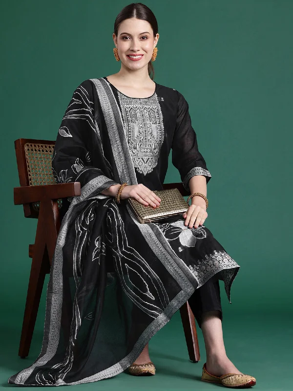 Women Black Woven Design Straight Kurta Trousers Set Trousers Gym Athletic