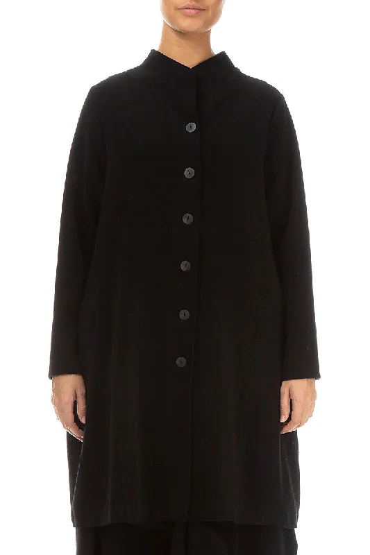 A-Line Black Jersey Cotton Jacket Stand-Up Collar Roll-Neck Collar Turtle Neck