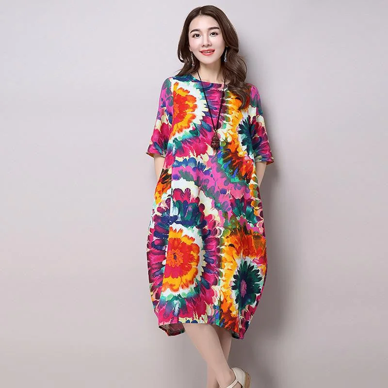 Vintage Print Loose Casual Long Dress Plus Size Women's Cotton Linen Summer Dresses H200 Vintage Print Loose Casual Long Dress Plus Size Women's Cotton Linen Summer Dresses H200