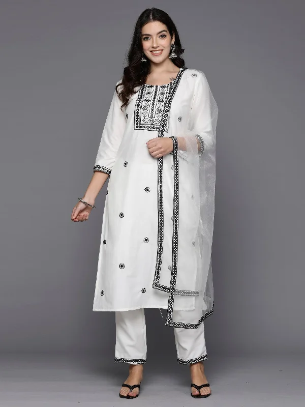 Women White Embroidered Straight Kurta Trousers With Dupatta Set Trousers Low Rise Relaxed Women White Embroidered Straight Kurta Trousers With Dupatta Set Trousers Low Rise Relaxed