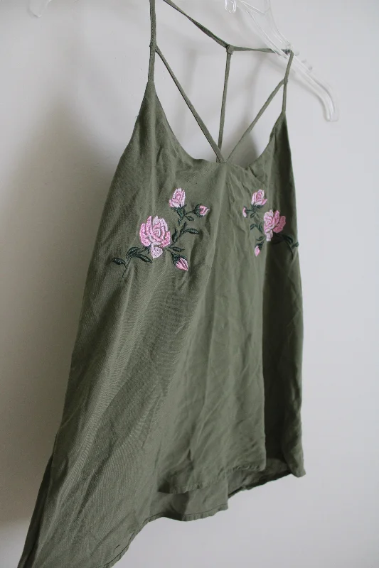 No Boundaries Olive Green Rose Embroidered Tank | M sheer tank top