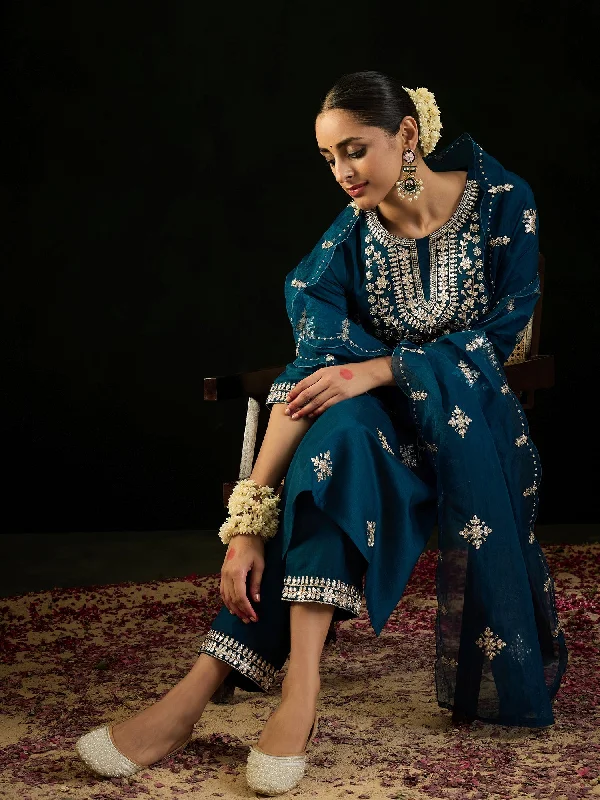 Women Teal Embroidered Straight Kurta Trousers With Dupatta Set Trousers Prom Sequined Women Teal Embroidered Straight Kurta Trousers With Dupatta Set Trousers Prom Sequined