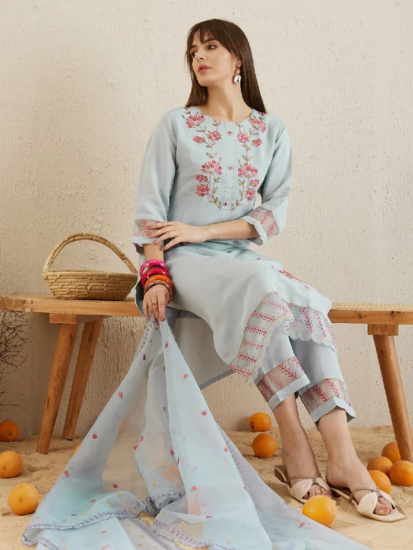 Women Blue Embroidered Straight Kurta Trousers With Dupatta Set Trousers Travel Practical Women Blue Embroidered Straight Kurta Trousers With Dupatta Set Trousers Travel Practical