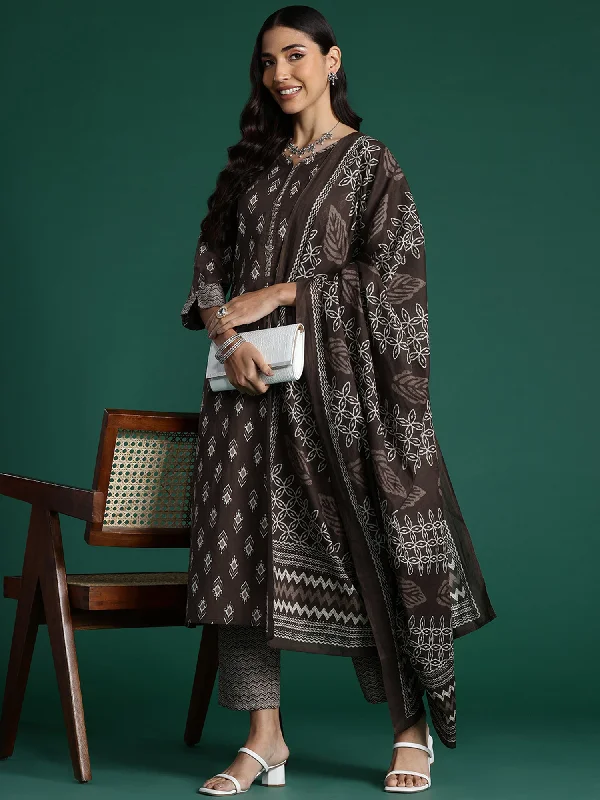 Women Brown Printed Straight Kurta Trousers With Dupatta Set Trousers chic elegant